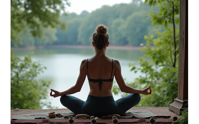 Personne faisant du yoga dans un cadre serein ou travaillant sur un artisanat